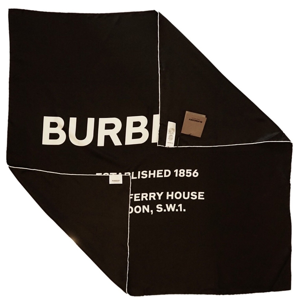 Burberry Scarf Horseferry Logo Black Silk Square 35”x35” New - Picture 2 of 3